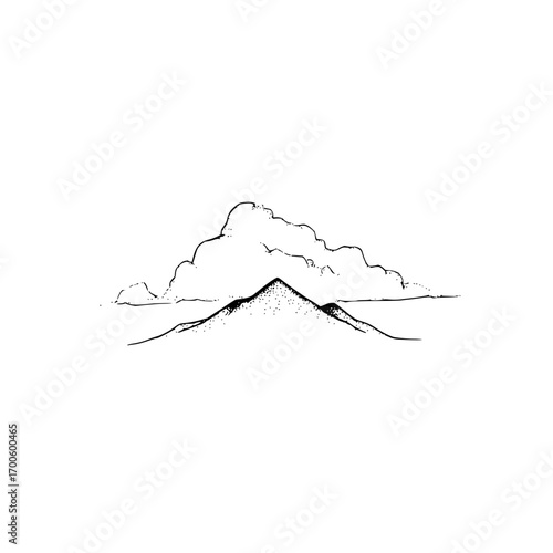 Mountain peak landscape with cloudscape drawing black and white minimal art nature scenery mountain range view sketch