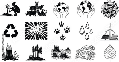 Environmental conservation icons, sustainable living, renewable energy, wildlife protection, deforestation awareness, recycling symbols, nature preservation, eco-friendly concepts, green energy, water