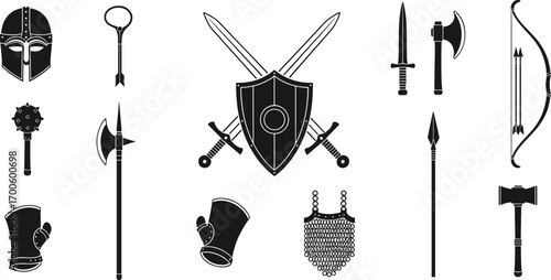 Medieval weapons and armor icons set including helmets, swords, shields, axes, spears, bows, arrows, maces, gauntlets, chainmail, and battle gear