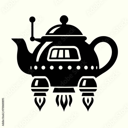 Whimsical rocket-shaped teapot with jet flames in a bold black silhouette on a light background