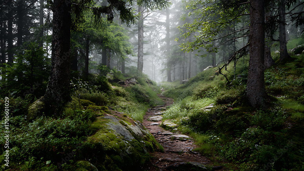 Obraz premium Serene Misty Forest Path with Mossy Rocks and Towering Pines, Ethereal Light