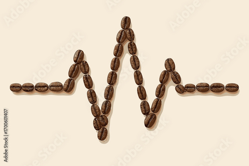 Coffee beans arranged in a heartbeat pattern on a light background