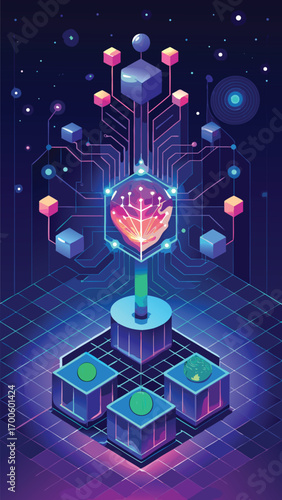 Futuristic digital illustration showcasing interconnected data streams and a central processing hub within a technological environment.