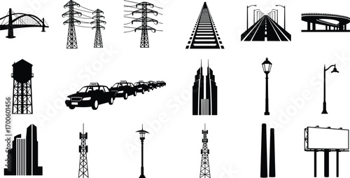 Set of urban and infrastructure icons including bridge, power lines, railway tracks, highways, water tower, taxis, skyscrapers, street lamps, cell towers, smokestacks, billboard for city design.