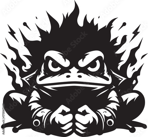 Aggressive cartoon frog character fiercely ready for action with fiery mane and clenched fists