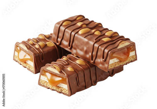 Chocolate candy bars with caramel and peanuts isolated on transparent background