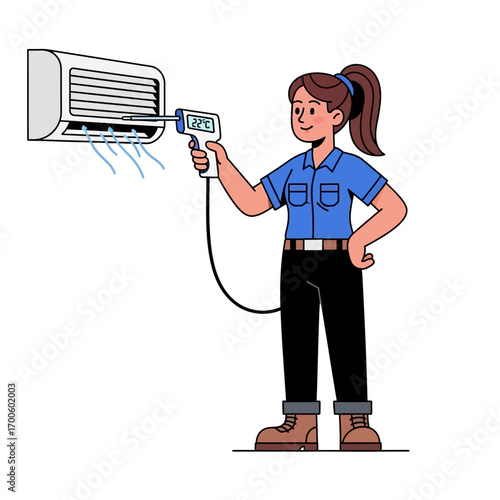 HVAC Technician Inspecting Air Conditioner with Infrared Thermometer