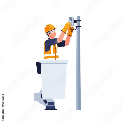 Lineman Worker Installing Electrical Equipment on a Pole in Bucket Truck