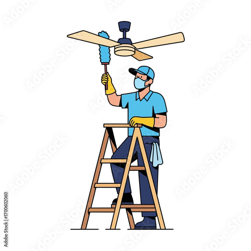 Professional cleaner in a uniform and face mask stands on a ladder to dust a ceiling fan. Housekeeping service vector illustration
