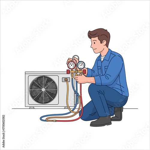 Skilled HVAC technician performing routine maintenance on an outdoor air conditioning unit, precisely checking system parameters for optimal cooling efficiency
