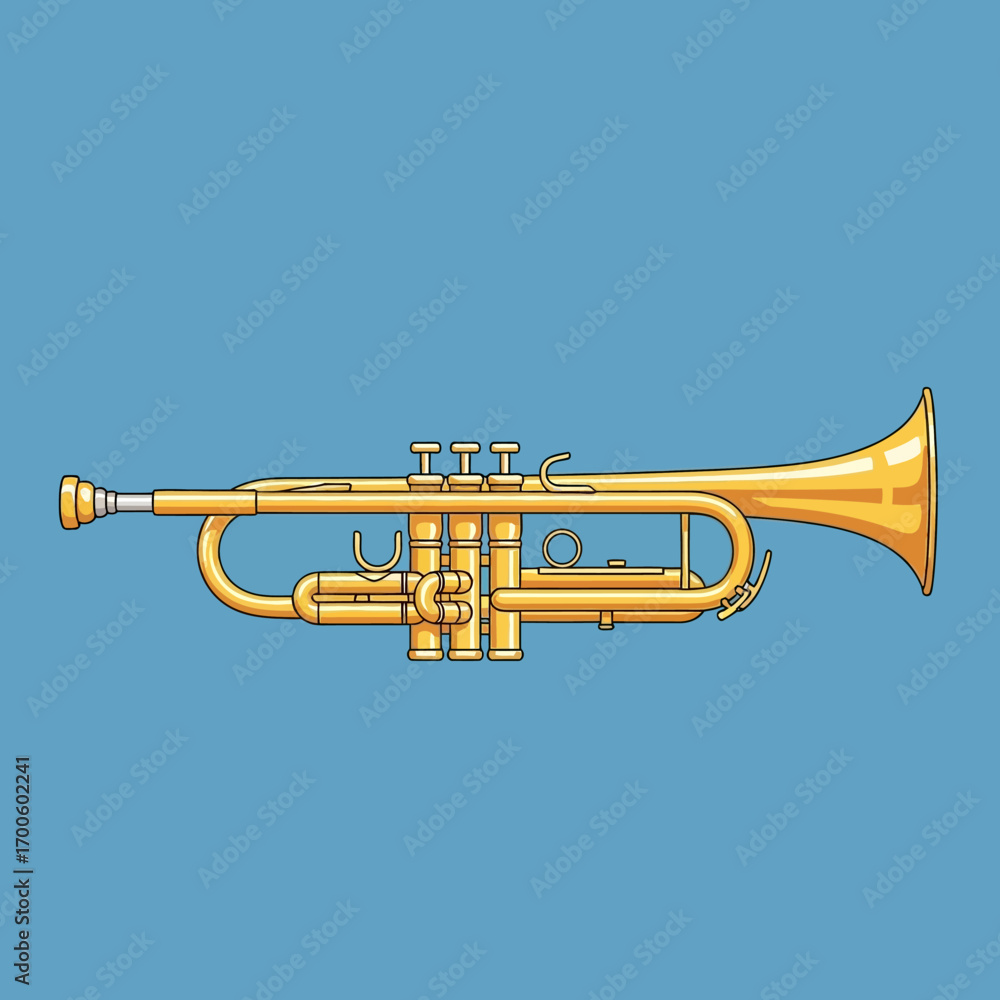 Obraz premium Illustration of a golden trumpet, a brass instrument, on a plain blue background, artistic design