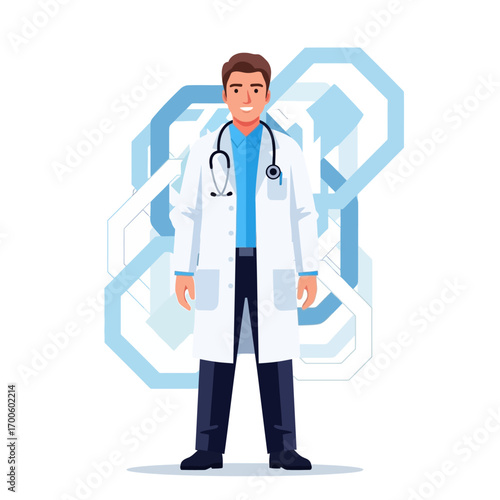 Professional male doctor standing confidently in lab coat with stethoscope, embodying modern healthcare and medical expertise for quality patient care