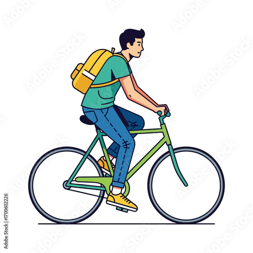 Young man riding a green bicycle with a yellow backpack. Vector illustration of a cyclist commuting, isolated on a white background