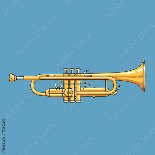 Illustration of a golden trumpet, a brass instrument, on a plain blue background, artistic design