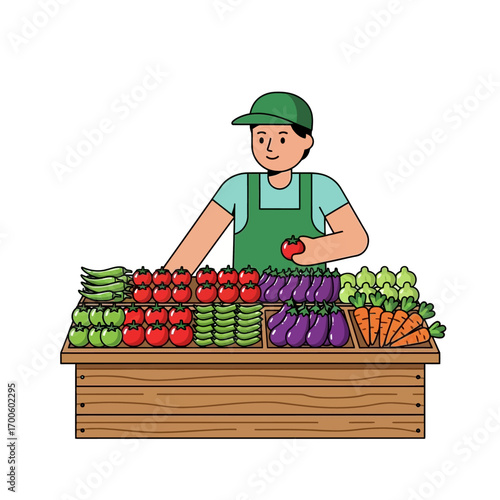 A friendly vendor proudly displays a colorful assortment of fresh produce at a market stall, promoting healthy eating
