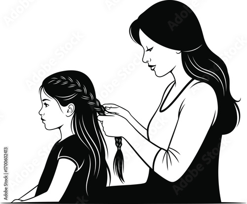 Vector art of mother braiding her daughters hair, a tender moment of connection and care between parent and child
