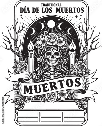 Traditional Dia de los Muertos Female Skeleton with Candles and Flowers