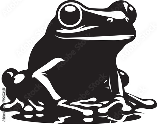 Adorable black frog sitting serenely detailed silhouette with bright eyes and webbed feet