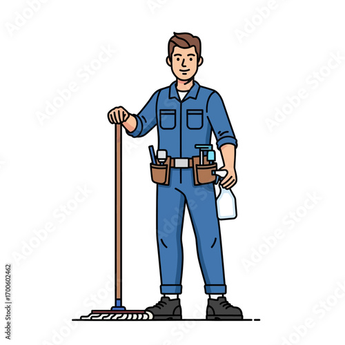 Happy Janitor with Mop and Cleaning Supplies Ready to Clean