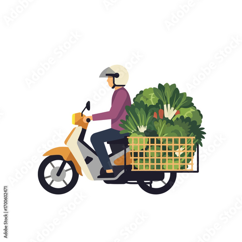 Delivery Motorbike Driver Carting a Load of Fresh Vegetables