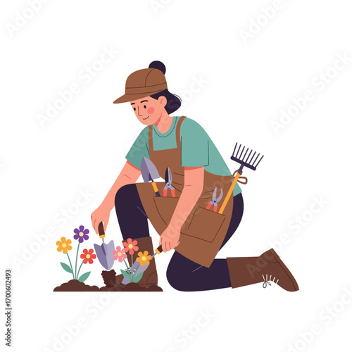 Gardening Woman Planting Colorful Flowers Illustration of a Gardener Working in the Garden