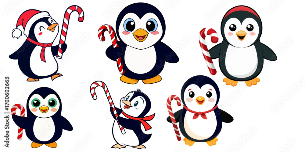 Fototapeta premium Cute penguin set vector with candy cane art design