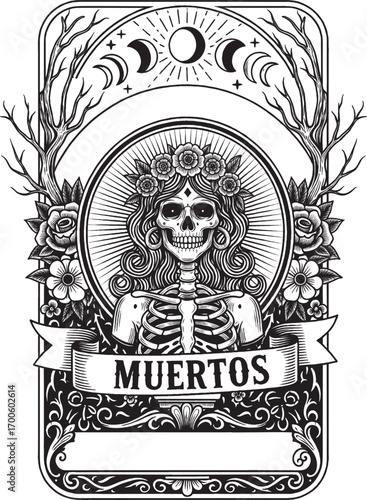 Stylized Female Skeleton Portrait with Floral Crown for Dia de Muertos