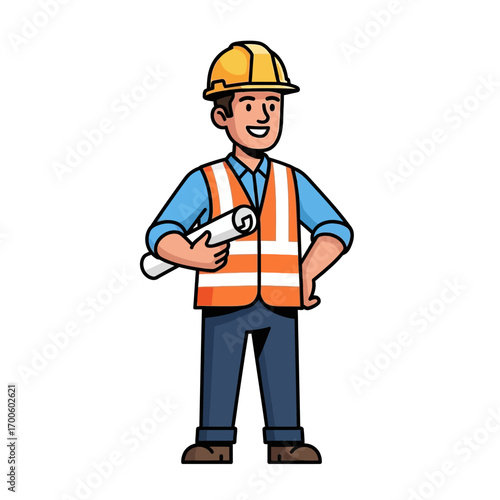 Confident construction professional in safety gear holding project plans, embodying expertise and readiness for building site management and architectural design tasks