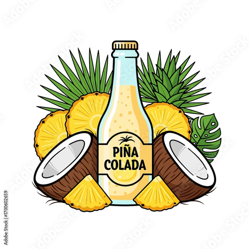 Vector illustration of a tropical pina colada cocktail drink surrounded by fresh pineapple and coconut fruit ingredients