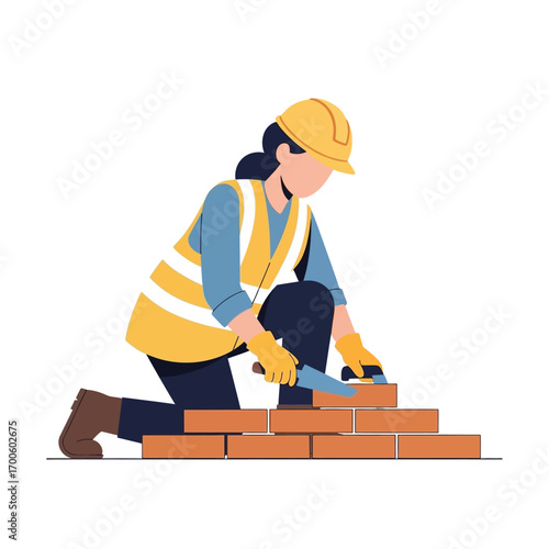 Construction worker building a brick wall wearing safety gear with hard hat and vest