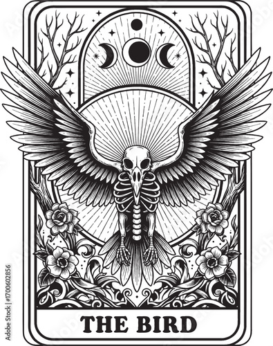 Skeleton Bird with Spread Wings and Floral Frame under Moon Phases Art