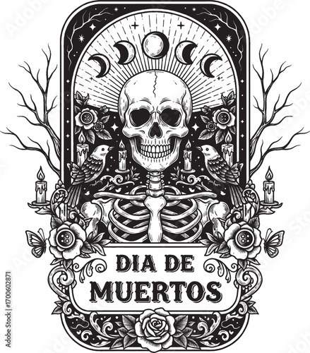 Intricate Black and White Día de Muertos Skeleton Design with Floral and Bird Motifs