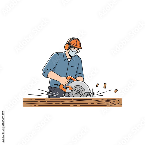 Carpenter Using Circular Saw Precision Woodworking Illustration