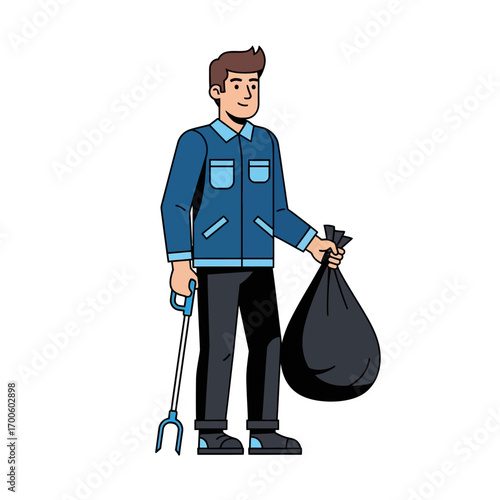 Eco-conscious man volunteers for environmental cleanup, collecting litter with a grabber tool and waste bag, promoting community cleanliness and sustainability