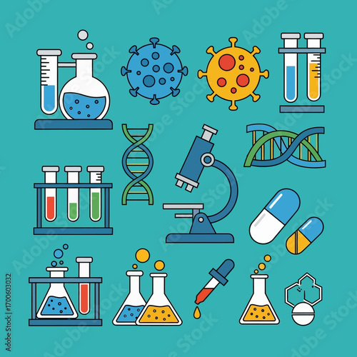 A comprehensive set of flat design icons representing scientific research, medicine, chemistry, and microbiology