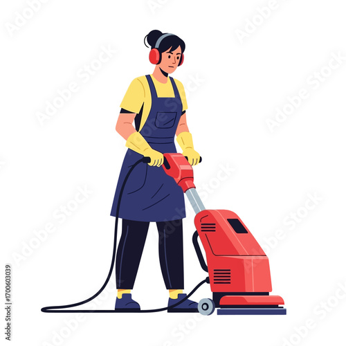 Woman Cleaning Floor with Industrial Floor Polisher