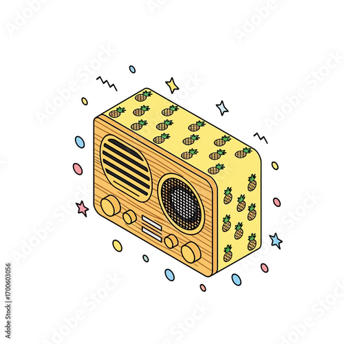 Retro Radio with Pineapple Pattern Illustration