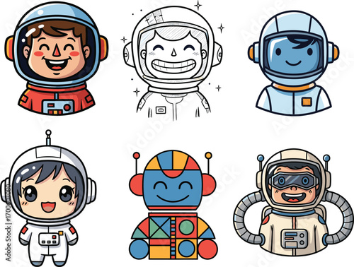 Cartoon astronauts in space suits, happy faces, kids and robot characters, colorful vector illustration for children, space exploration clipart, fun space designs