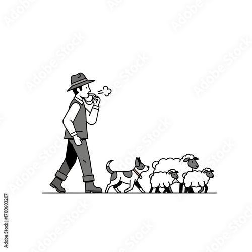 Charming black and white line art illustration of a shepherd guiding his flock of sheep with a loyal herding dog by his side