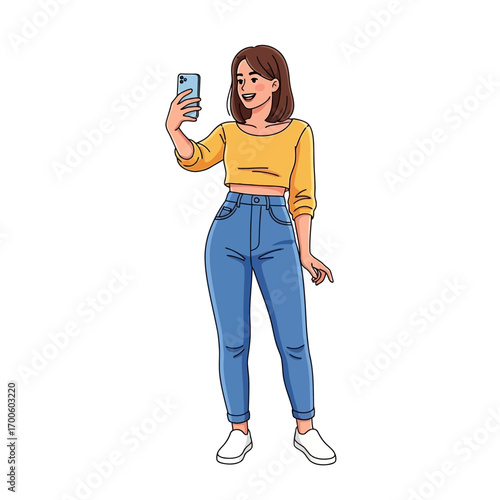 Vector illustration of a happy young woman in trendy casual wear taking a selfie with her phone on a white background