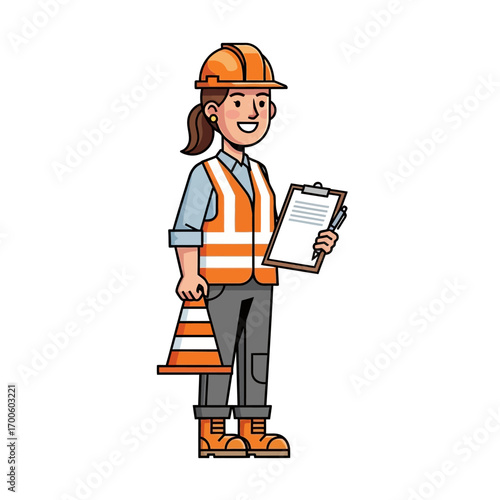 Construction Woman with Clipboard and Cone Inspection Ready, Safety First