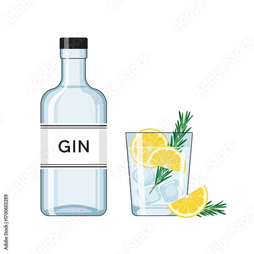 Refreshing Gin and Tonic A Vector Illustration of a Gin Bottle and Cocktail with Lemon and Rosemary
