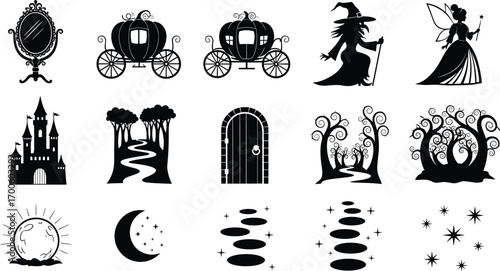 Fairy tale magical elements collection with mirror, pumpkin carriage, witch, fairy, castle, forest, door, moon, stars, enchanted path, fantasy storybook illustrations.