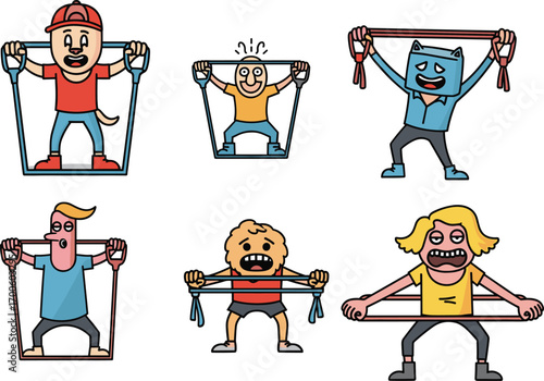 Cartoon people exercising with resistance bands, funny workout illustration, fitness training vector, unique gym characters, stretching poses, colorful health activity concept