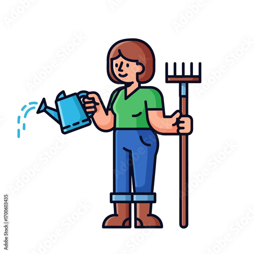 Gardening Woman Watering Can and Rake Illustration
