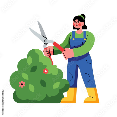 Woman Pruning Bush Illustration Gardening and Landscaping Vector Art