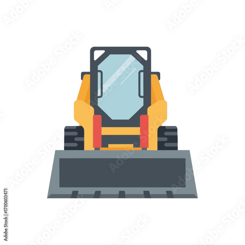 Skid steer construction loader vehicle front view icon. Compact industrial machinery with tracks for earthmoving, isolated vector graphic