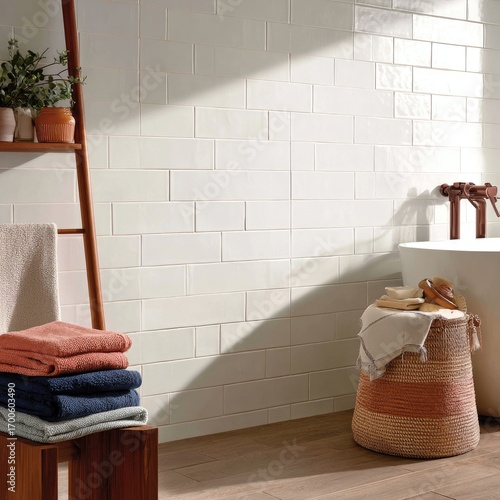 White subway tile bathroom with natural light.  Wooden ladder shelf holds plants, towels.  Rustic basket.  Oval tub