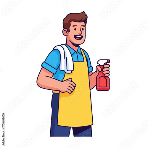 Happy Cleaner Holding Spray Bottle and Towel, Ready for Housekeeping Tasks