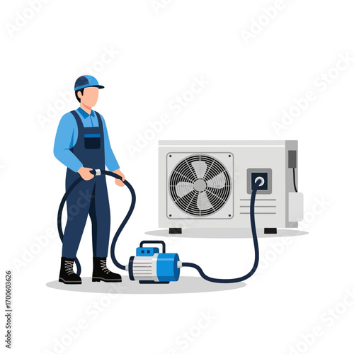 Professional HVAC technician servicing an outdoor air conditioning unit with a vacuum pump. Cartoon repairman at work vector illustration